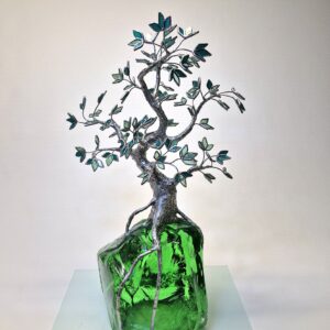 Vízzöld-ezüst fa ólomüveg szobor 60 cm